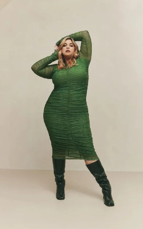 Best Bargains Hilary MacMillan- Ruched Sleeved Mesh Dress in Green