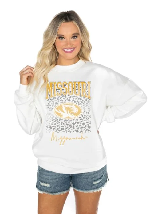 Unmissable Offer Mizzou Tigers Women's Gameday Couture Mizzou RAH Oval Tiger Head Cheetah White Sweatshirt Unmissable Offer Mizzou Tigers Women's Gameday Couture Mizzou RAH Oval Tiger Head Cheetah White Sweatshirt