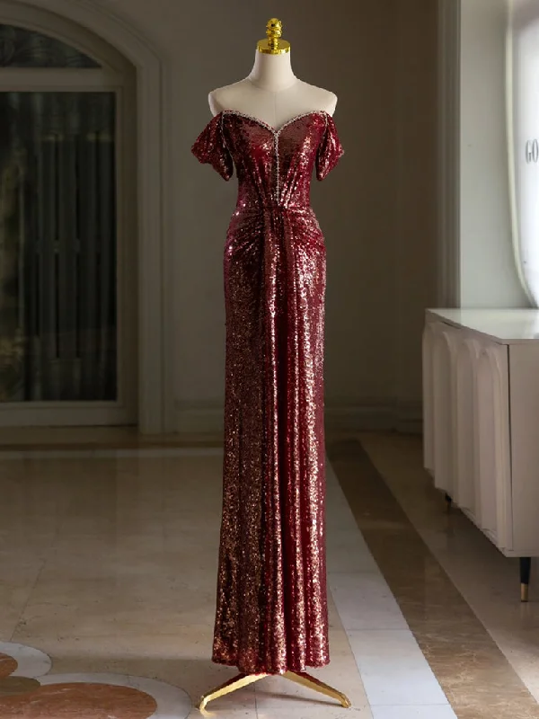 Midnight Sale Simple Off Shoulder Sequin Burgundy Long Prom Dress, Burgundy Long Evening Dress Midnight Sale Simple Off Shoulder Sequin Burgundy Long Prom Dress, Burgundy Long Evening Dress