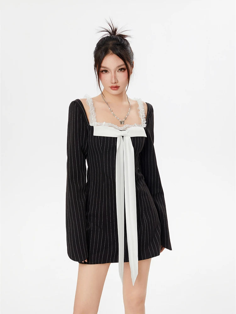Holiday Sale Striped Lace Strap Bow Mini Dress