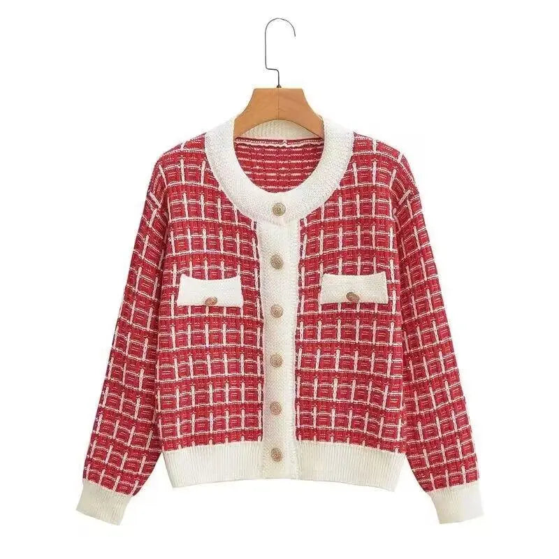 Quick Sale Znbbw Autumn Sweater Women Knitted Cardigan New Year 2024 Spring and Autumn Checker Red Small Fragrant Coat O Neck Sweater