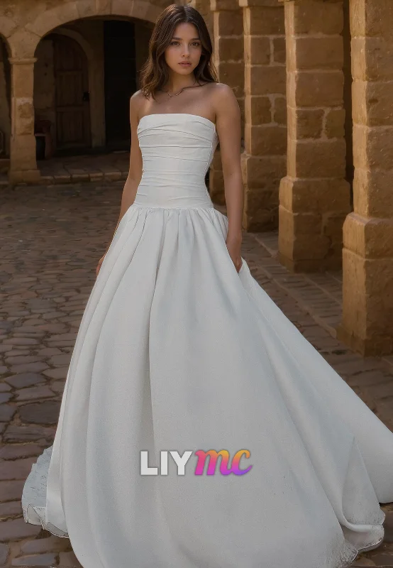 Massive Deals LW937 - Straight Across Sleeveless Pleated A-Line Satin Beach Wedding Dress Massive Deals LW937 - Straight Across Sleeveless Pleated A-Line Satin Beach Wedding Dress