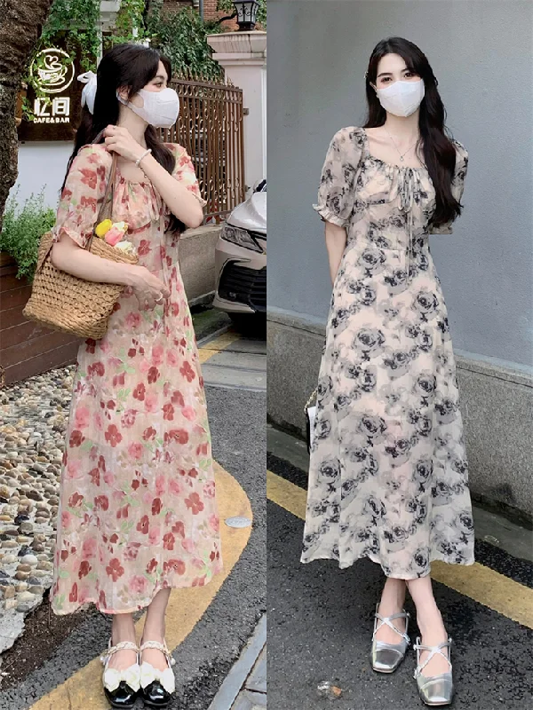 Deep Discounts Plus Size Korean Floral Square Neck Midi Dress