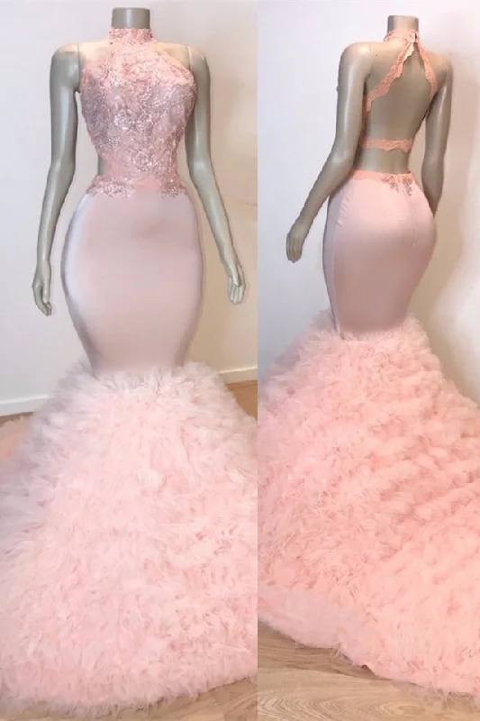 Unmissable Offer Sexy Chiffon High Collar Mermaid Prom Dress Sequins Pink Long