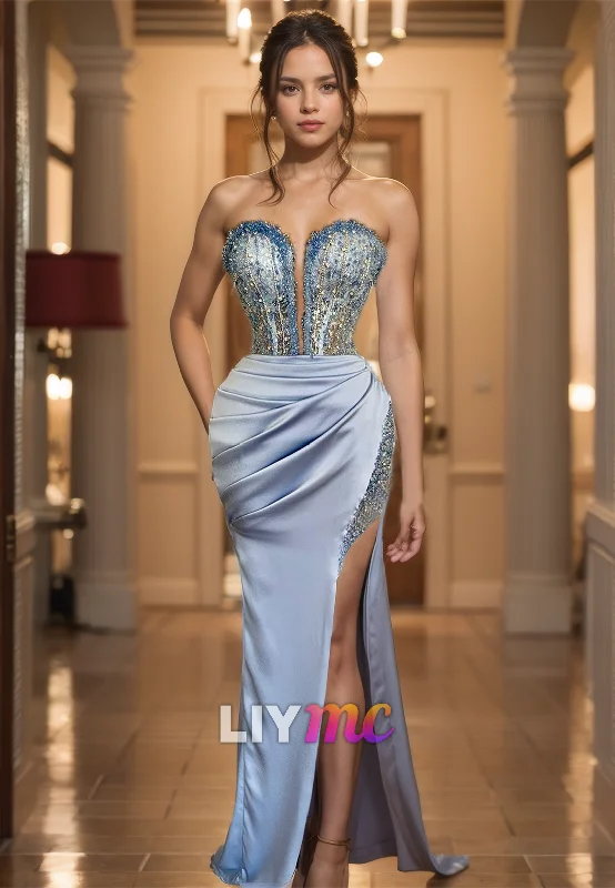 Closeout Sweetheart Strapless Beaded Pleated Fitted Sheath Prom Dress