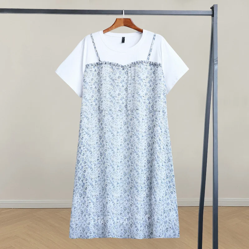 Deal Explosion (4XL-10XL) Plus Size White Blue Floral Mock 2 Piece Short Sleeve Dress (EXTRA BIG SIZE)