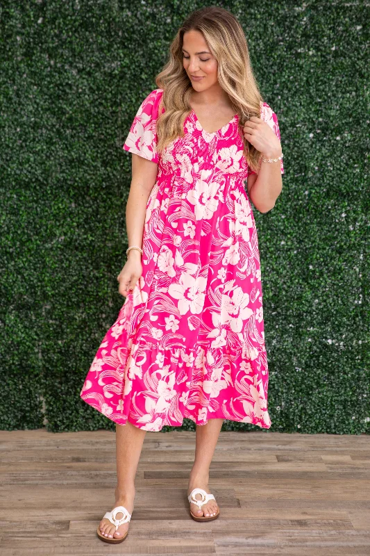 Exclusive Preview Pink Floral V-Neck Dress With Pockets