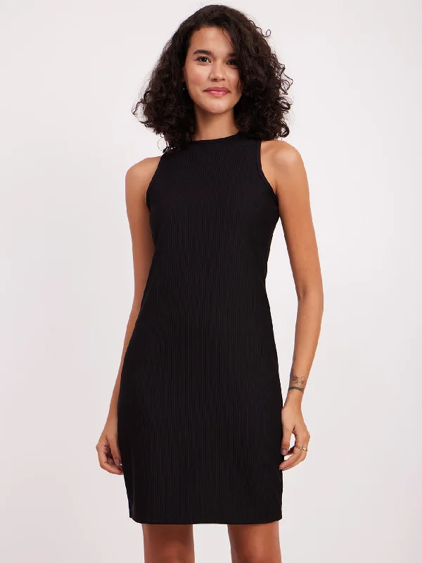 Early Access Halter Neck Rib Knit Dress - Black