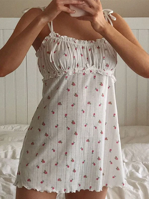Price Meltdown Tie Strap Frill Trim Floral Mini Dress