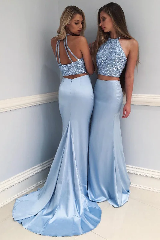 Clearance Sale Sky Blue Two-Piece Beaded Mermaid Long Prom Dresses N560