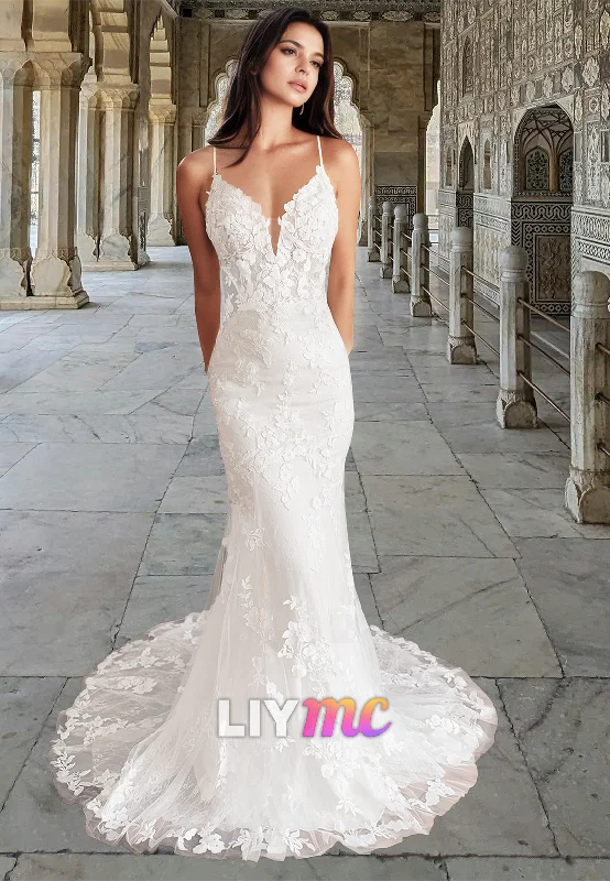 Fantastic Offers LW914 - V-Neck Sleeveless Appliques Mermaid Beach Wedding Dress