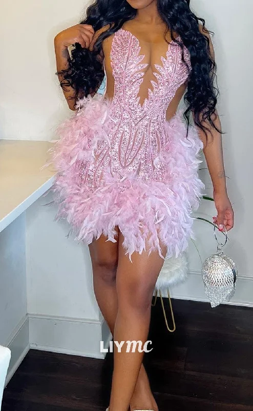 Super Sale LY304 - V-Neck Sleeveless Appliques Feathered Short Homecoming Dress for Black Girls