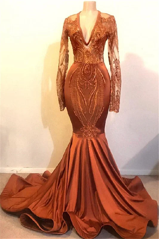 Fantastic Offers Sexy Long Sleeves Chiffon Lace Mermaid Prom Dress V-neck Long