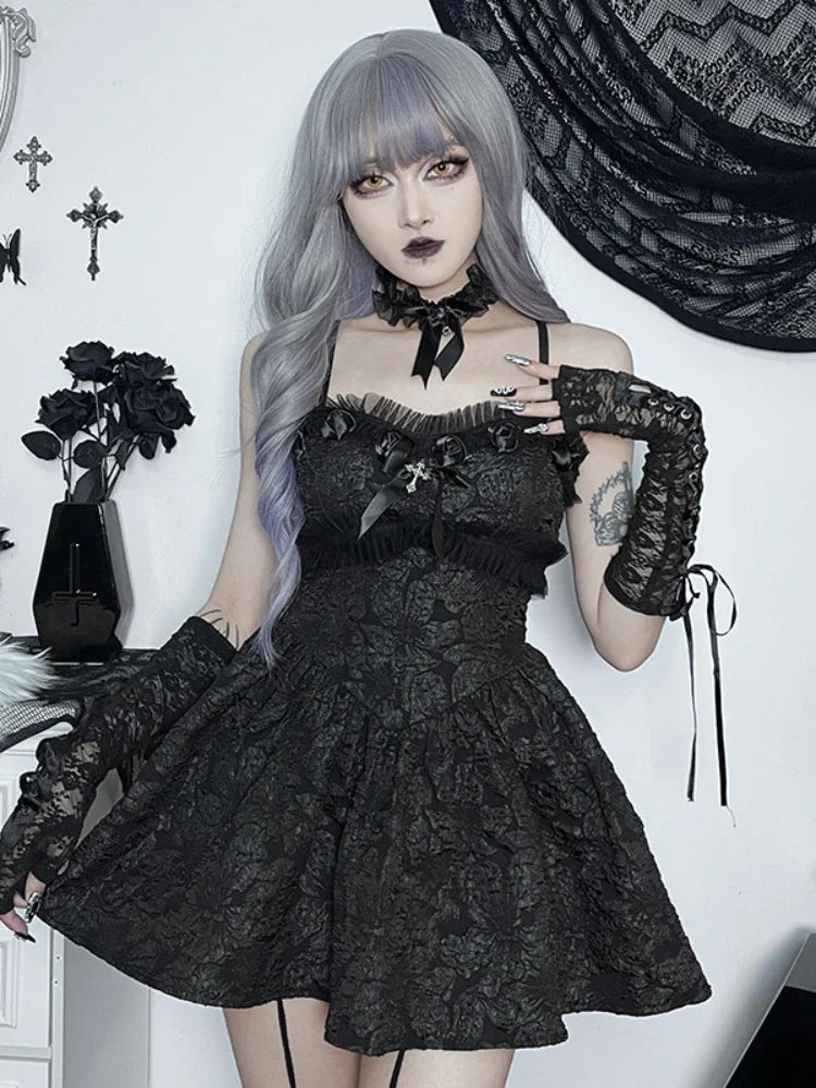 Steals and Deals Corset Slip Nightclub Rose Lace Shirring Mini Black Backless Dress Print Patchwork Party A-Line Dress