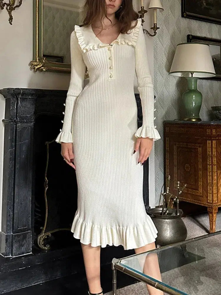 Take Advantage Peter Pan Collar Ribbed Midi Dress