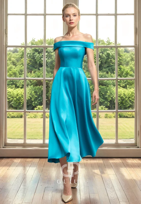 Mega Sale A-Line Off Shoulder Sleeveless Tea Length Satin Mother of Bride Dress