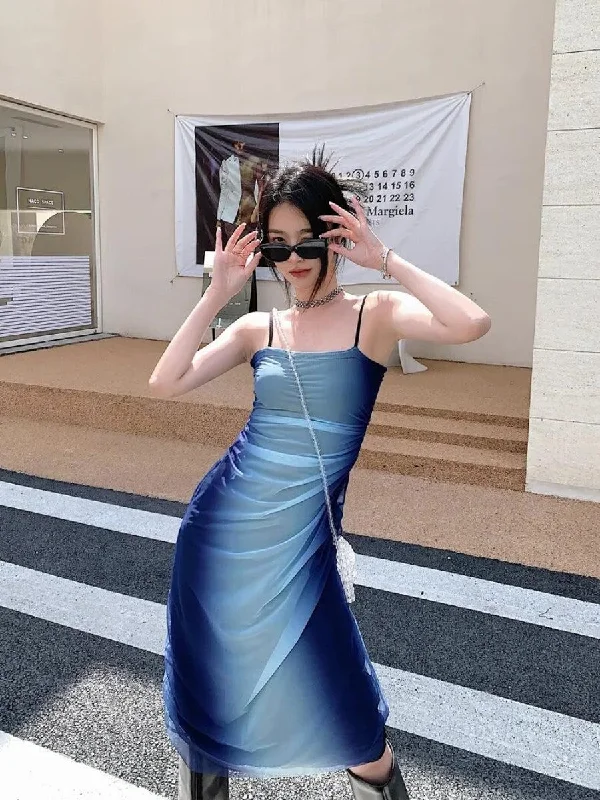 Special Savings Y2K Blue Gradient Strappy Midi Dress