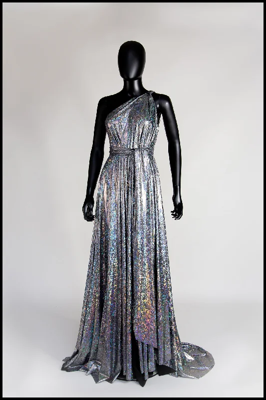 Bonus Savings Cher - One Shoulder Silver Holographic Gown