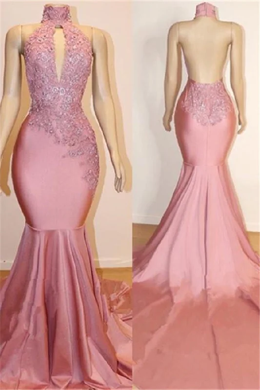 Doorbuster Deal Halter Backless Mermaid Appliques Long Train Prom Dresses