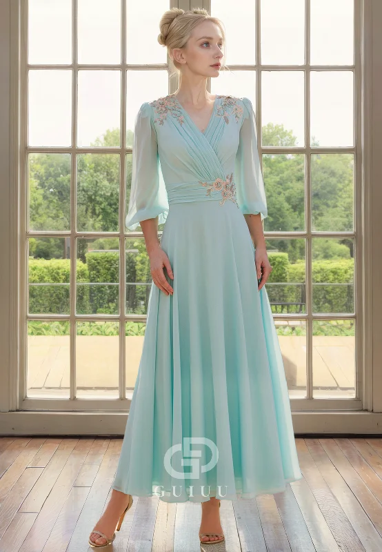 Take Advantage A-Line V Neck 34 Length Sleeves Pleated Appliques Tea Length Chiffon Mother of Bride Dress Take Advantage A-Line V Neck 34 Length Sleeves Pleated Appliques Tea Length Chiffon Mother of Bride Dress