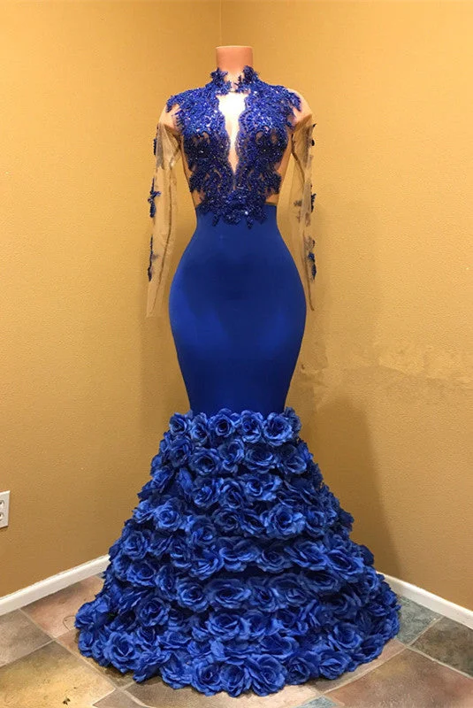 Super Bargain High Neck Mermaid Prom Dress, Flowers Prom Party Gowns