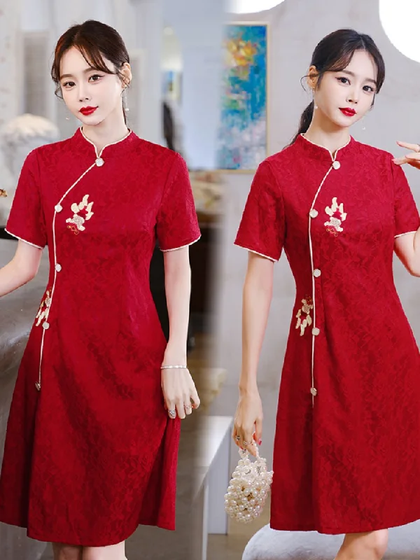 Major Savings Plus Size Koi Fish Embroidered Red A Line Cheongsam Dress