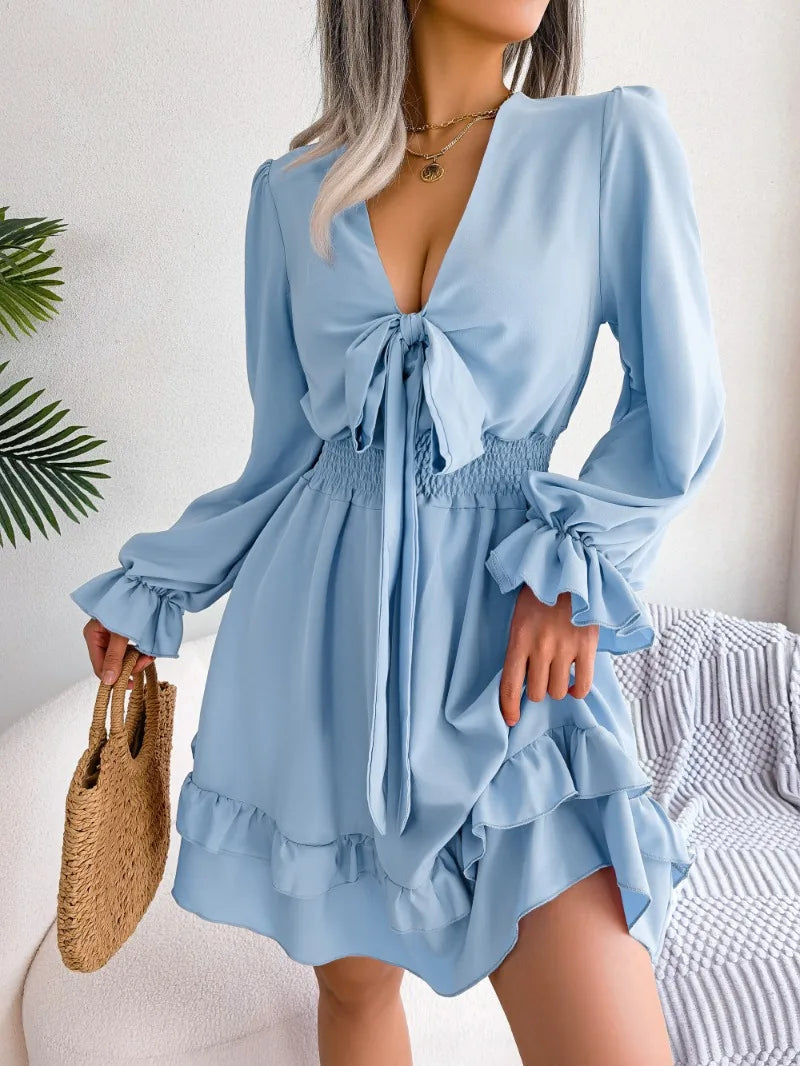 Sale Event Elegant Full Flare Sleeves Summer Women's Spring Casual Lace up Bow Elastic Waist Swing Mini Dress Sale Event Elegant Full Flare Sleeves Summer Women's Spring Casual Lace up Bow Elastic Waist Swing Mini Dress