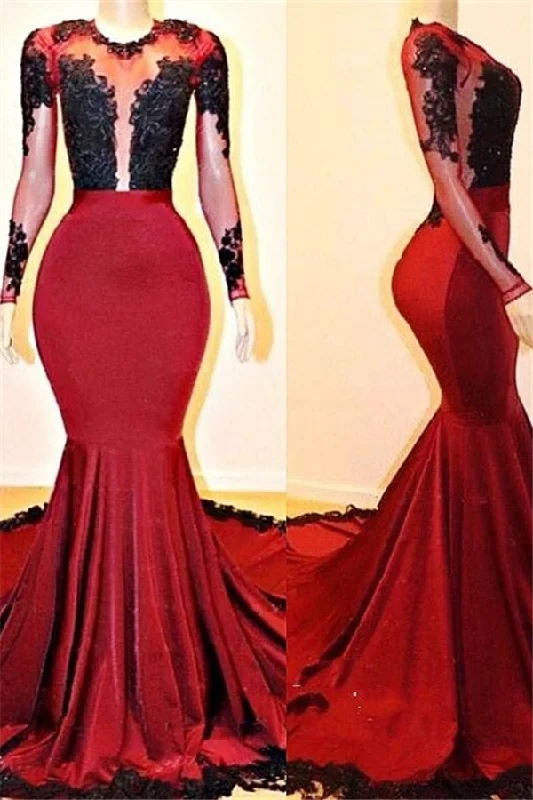 Now or Never Long Sleevess Mermaid Appliques Sheer Prom Dresses