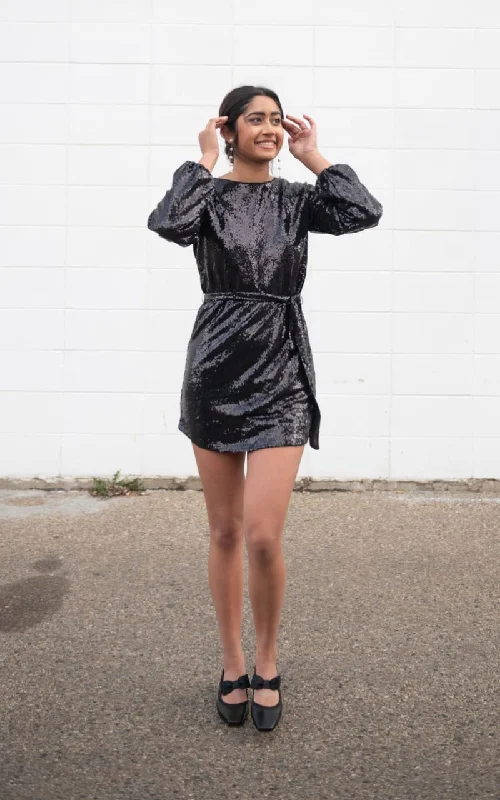 Savings Alert Apricot- Sequin Puff Sleeve Dress with Tie