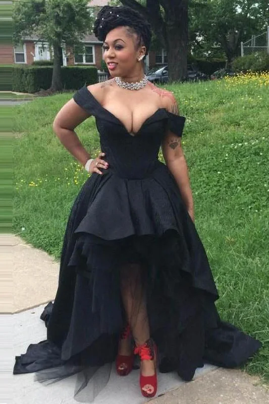 Best Deals Sexy Black Off the Shoulder V-Neck High Low Prom Dresses