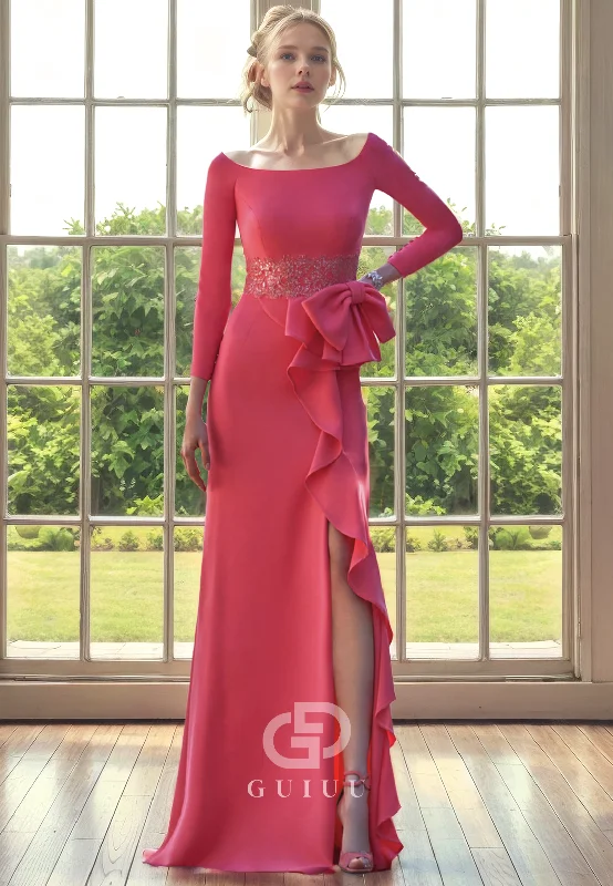 Price Blitz Sheath Scoop Neck Long Sleeves Beaded Ruffles Mother of Bride Dress with Bow Knot Price Blitz Sheath Scoop Neck Long Sleeves Beaded Ruffles Mother of Bride Dress with Bow Knot