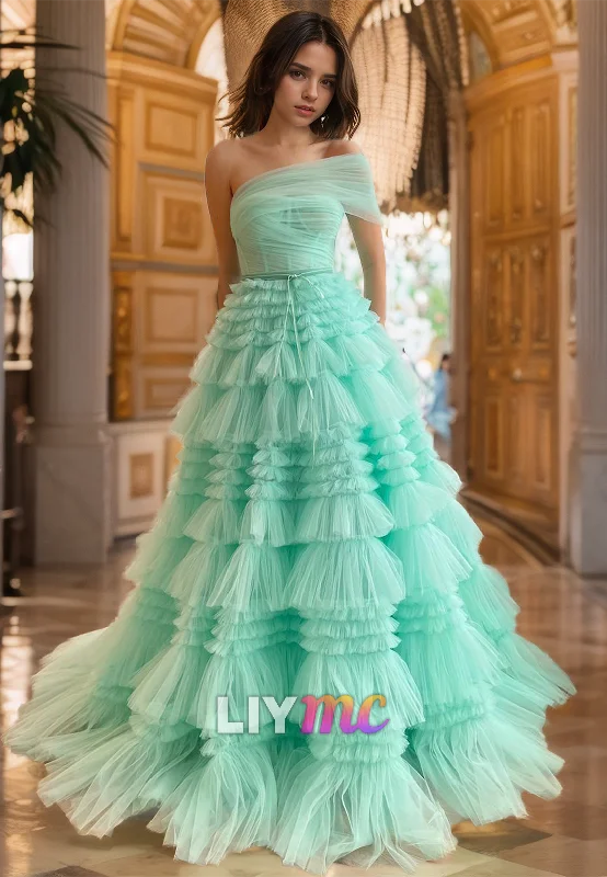 Online Specials One Shoulder Strapless Tiered Ball Gown Prom Dress