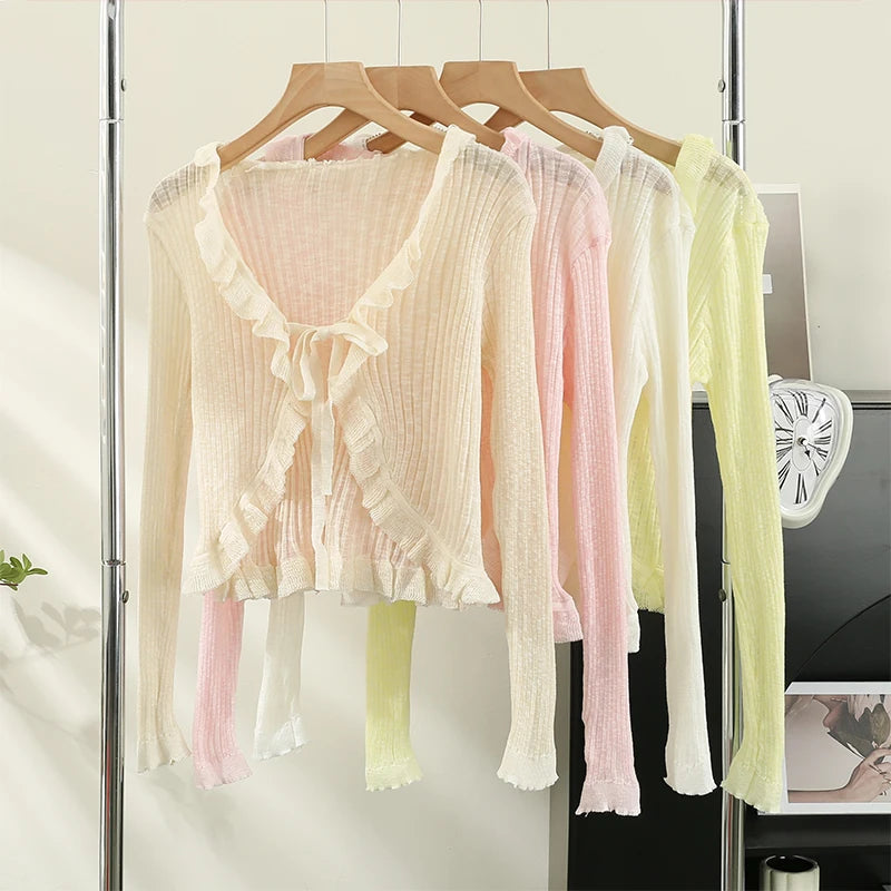 Overstock Znbbw Ruffles Cardigan Slim Women Casual Transparent Sweater Shirts Lady Thin Solid Coats Female Crop Top Overstock Znbbw Ruffles Cardigan Slim Women Casual Transparent Sweater Shirts Lady Thin Solid Coats Female Crop Top