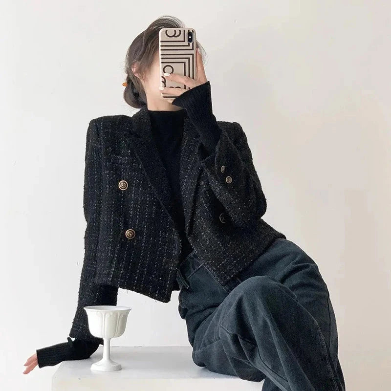Bargain Prices Znbbw Black Blazers Women Elegant Short Jacket Korean Autumn Winter Tweed Cropped Suit Coat Tops Retro Casual Outerwear New Bargain Prices Znbbw Black Blazers Women Elegant Short Jacket Korean Autumn Winter Tweed Cropped Suit Coat Tops Retro Casual Outerwear New