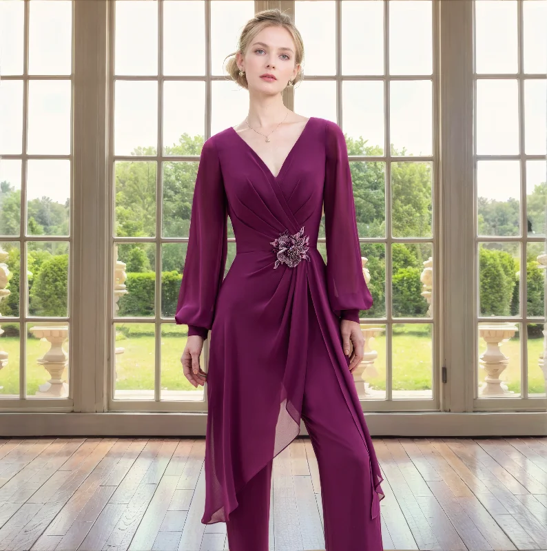 Super Deal Jumpsuit V Neck Long Sleeves Plated Appliques Chiffon Mother of Bride Dress Super Deal Jumpsuit V Neck Long Sleeves Plated Appliques Chiffon Mother of Bride Dress