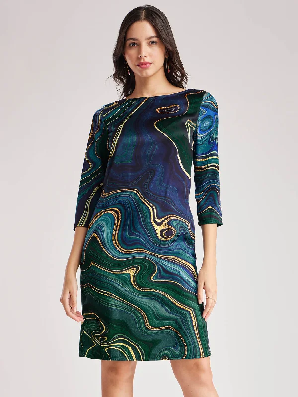 Exclusive Savings Satin Boat Neck Shift Dress - Navy Blue