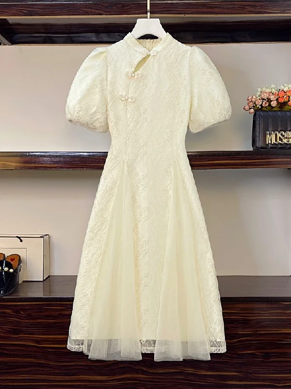Best Bargains Plus Size Cream Puff Sleeve A Line Cheongsam Dress