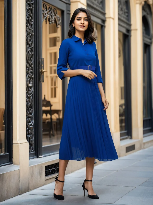 Act Fast Collared Pleated Fit and Flare Dress - Royal Blue