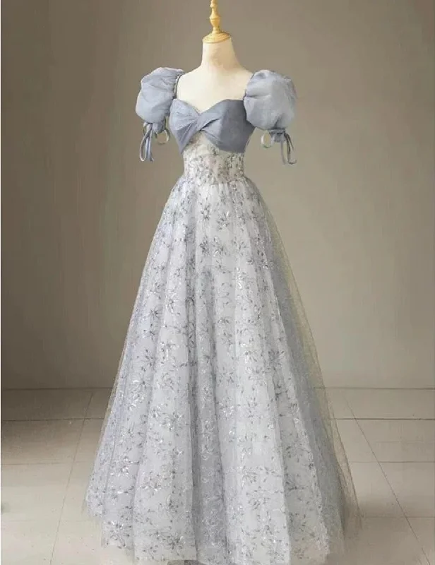 Best Deals Cute Floral Printed Long Prom Dress A Line Puff Sleeves Blue Party Gown