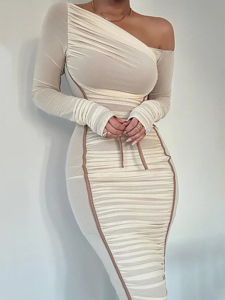 Don’t Miss Out Diagonal Collar Mesh Backless Ruched Bodycon Long Midi Dress