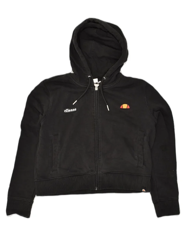 Great Deals ELLESSE Womens Crop Zip Hoodie Sweater UK 14 Large Black Cotton