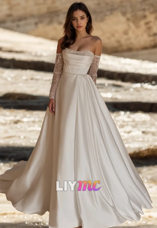 Deal Zone Straight Across Sleeveless Beaded Pleated Satin A-Line Wedding Dress