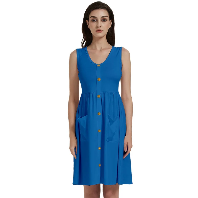 Special Offer Gold buttons Sleeveless Dress With Pocket - Blue