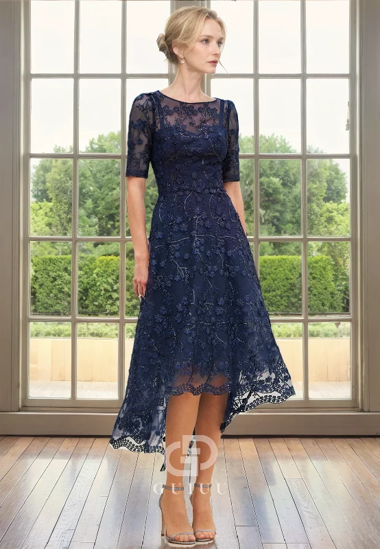 Price Drop A-Line Scoop Neck Half Sleeves Fully Lace Sequines High Low Mother of Bride Dress Price Drop A-Line Scoop Neck Half Sleeves Fully Lace Sequines High Low Mother of Bride Dress