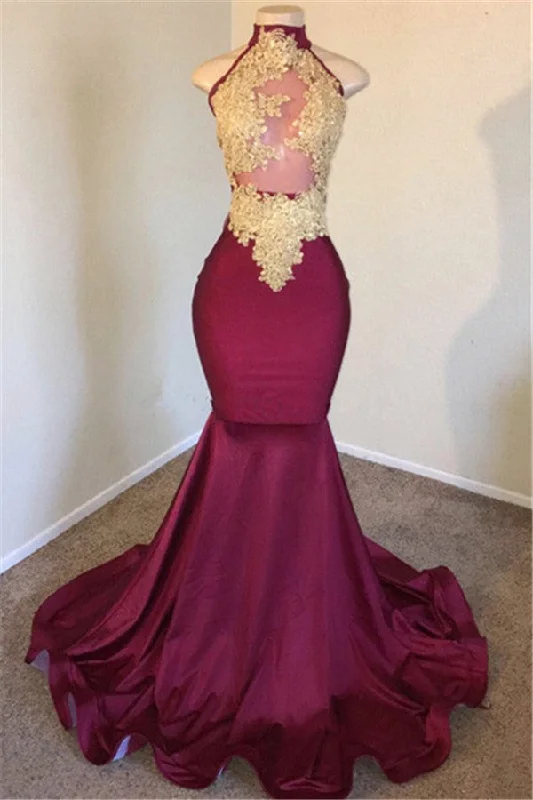Instant Discount Mermaid Burgundy High-Neck Applique Sleevless Prom Dresses