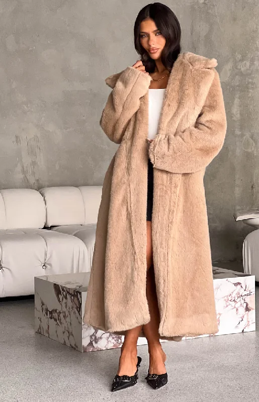 Crazy Savings Lyrae Brown Full Length Faux Fur Coat