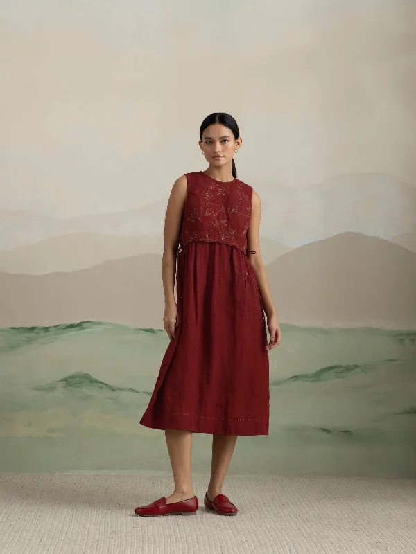 Special Price Berry Quilt Linen Midi Dress