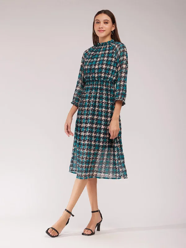 Markdowns Houndstooth A-line Dress - Teal