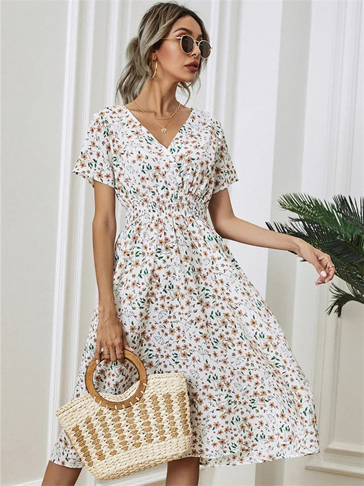 Fantastic Offers Floral Chic Short Sleeve Women's Fashionable Long Midi Dress