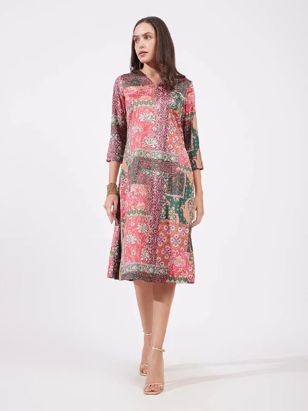 Great Deals Satin A-line Floral Dress - Multicolour